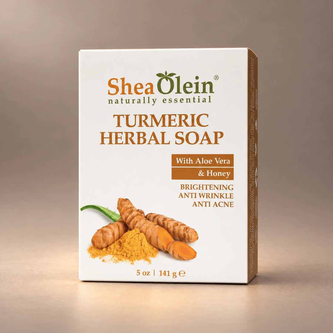 Shea Olein Turmeric Herbal Bar Soap in its original 5 oz retail box.