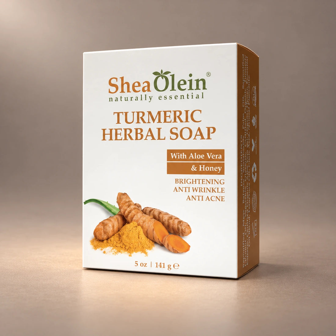 Shea Olein Turmeric Herbal Bar Soap in its original 5 oz retail box.
