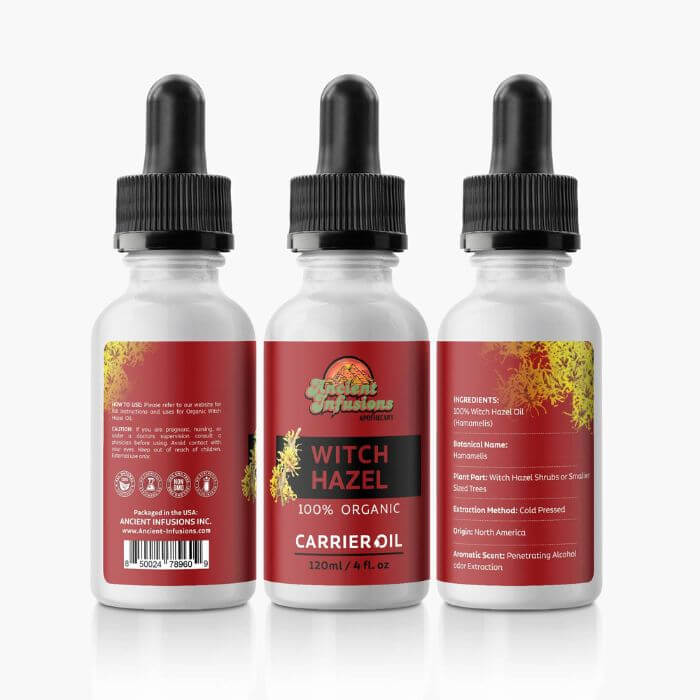 Organic witch hazel carrier oil by Ancient Infusions – 100% pure natural astringent for skincare, pore tightening, and soothing irritation.