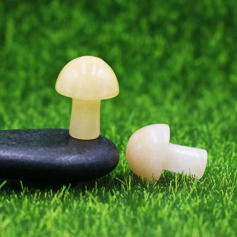 Ancient Infusions Yellow Jade Carved Mushroom - Bask in the illuminating tranquility. Front view highlighting the soothing energy of Yellow Jade.
