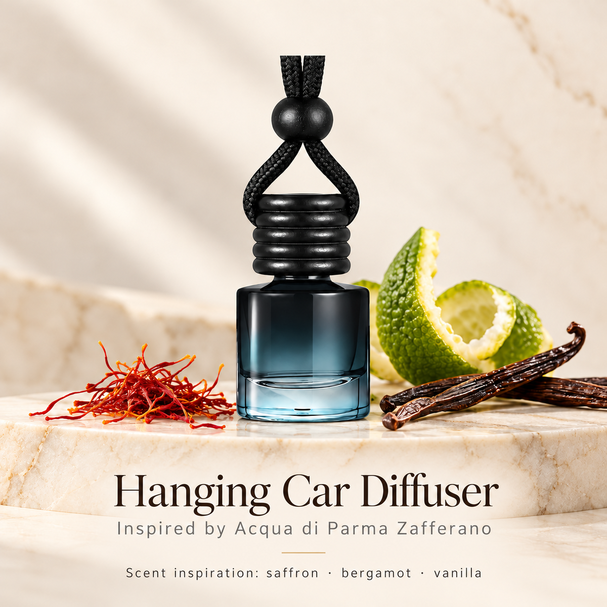 Hanging car diffuser inspired by Acqua di Parma Zafferano on ivory stone with saffron, bergamot and vanilla scent inspiration