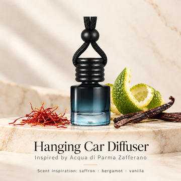Hanging car diffuser inspired by Acqua di Parma Zafferano on ivory stone with saffron, bergamot and vanilla scent inspiration