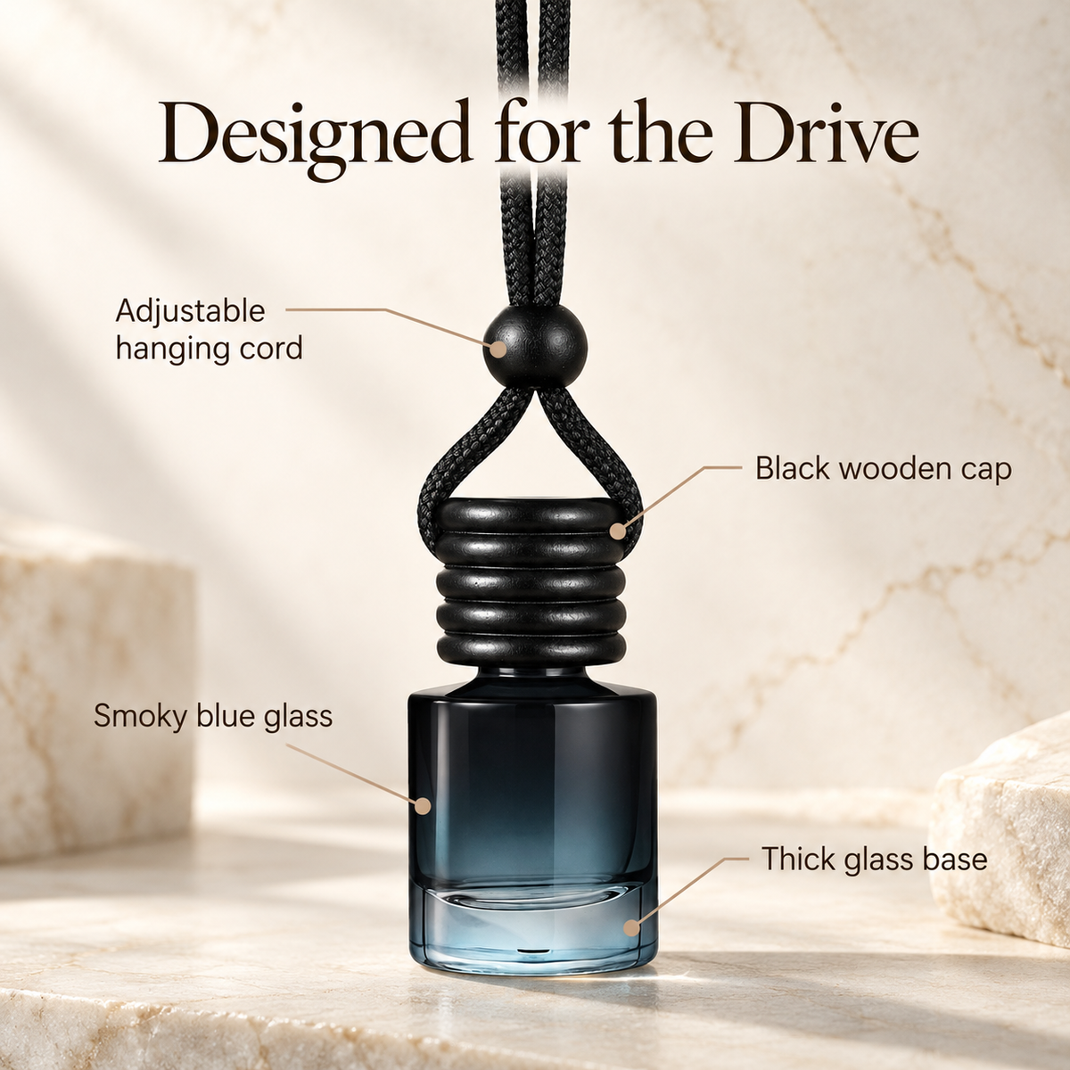 Hanging diffuser features: adjustable cord, black wooden cap, smoky blue glass and thick glass base