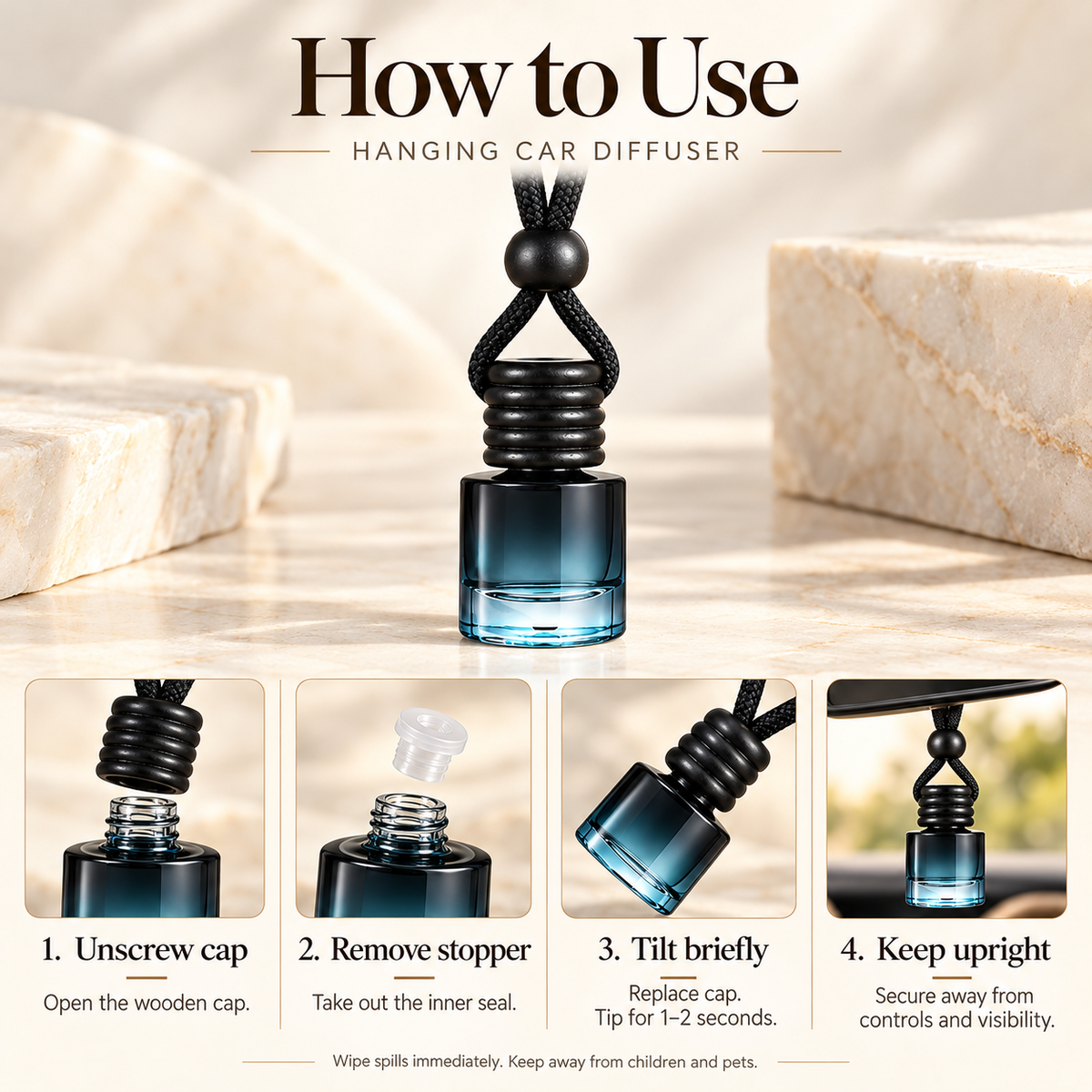Four illustrated steps for setting up a hanging car diffuser