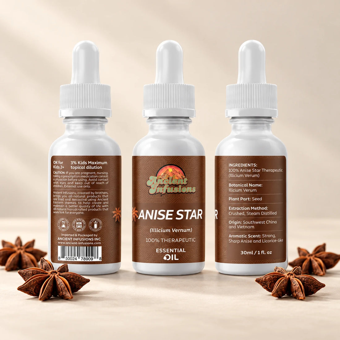 Ancient Infusions Anise Star Essential Oil bottle with dried star anise on a soft ivory background.