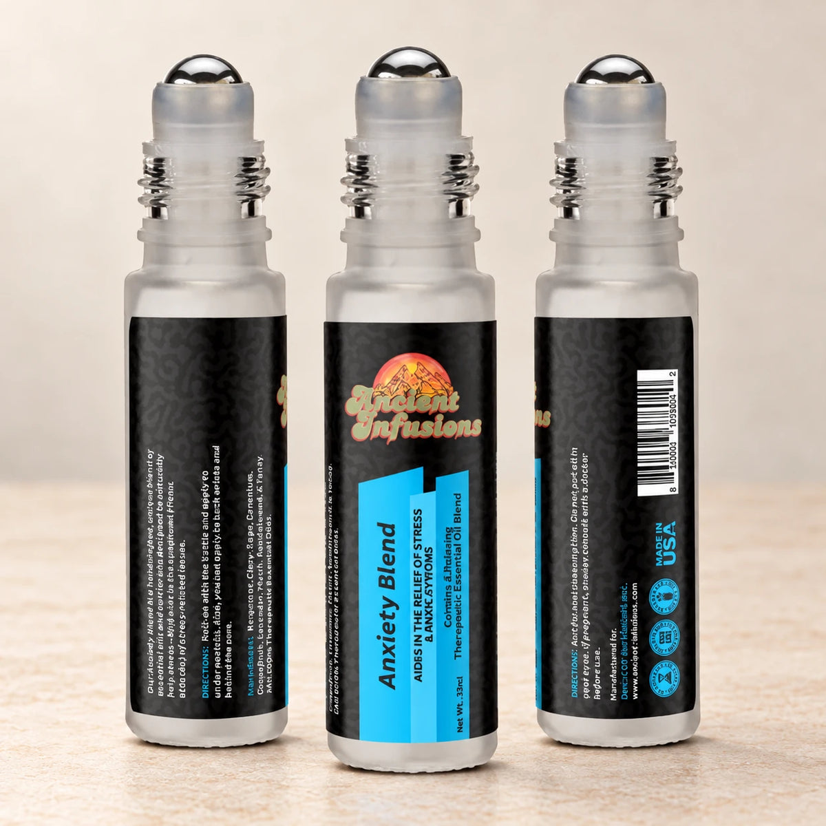 Ancient Infusions Anxiety Herbal Remedy Oil Calm & Balance front, side and back bottle views on a soft ivory stone background.