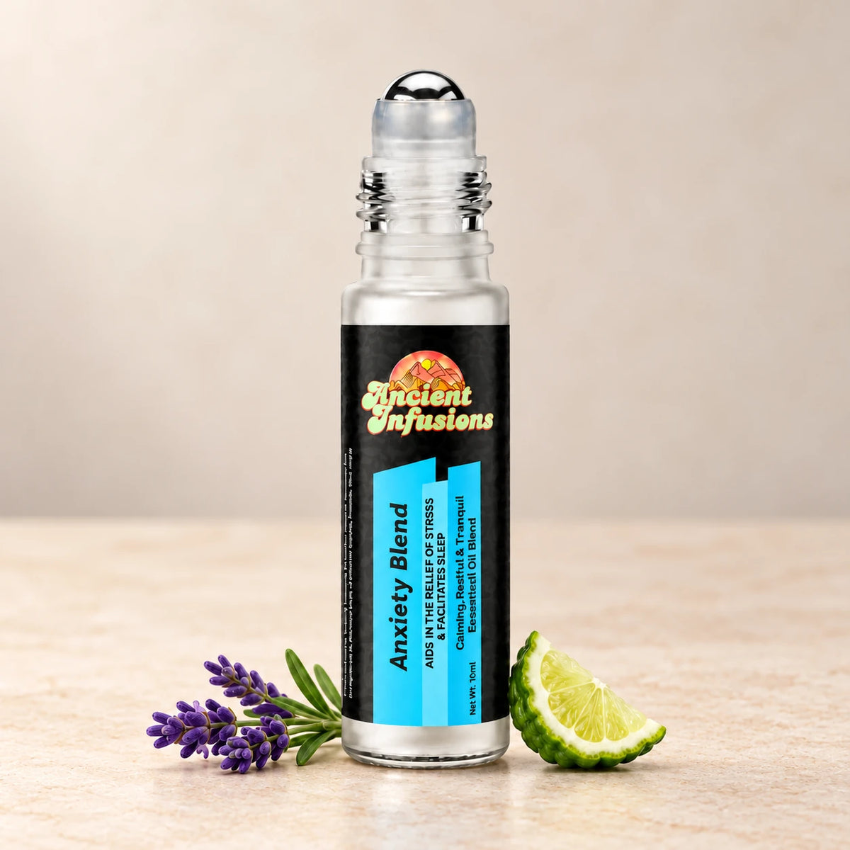 Ancient Infusions Anxiety Herbal Remedy Oil Calm & Balance single roller bottle with botanical accents on a soft ivory stone background.