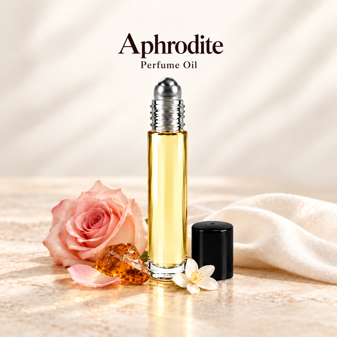 Aphrodite Perfume Oil with simple scent note accents on soft ivory