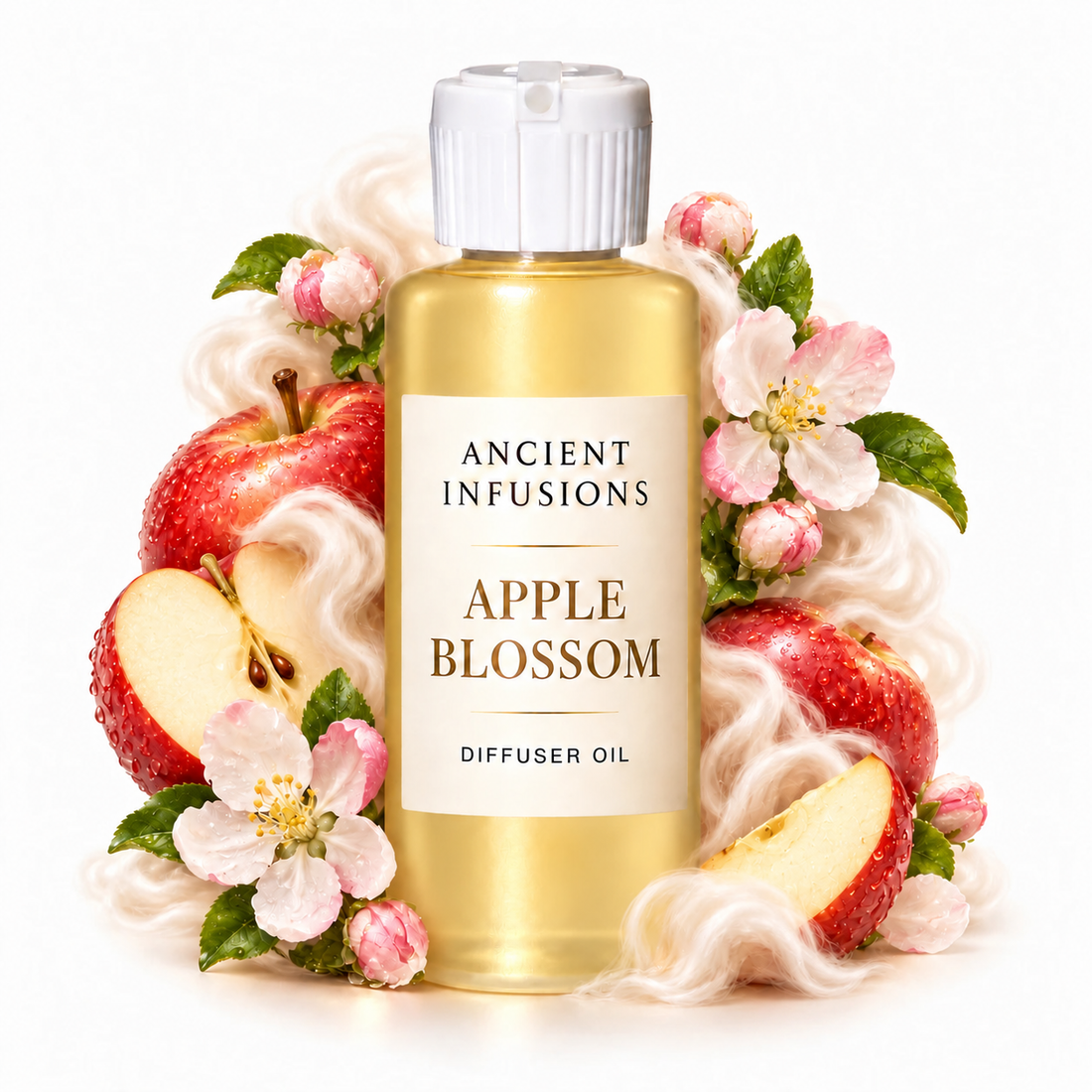 Apple Blossom Diffuser Oil by Ancient Infusions with golden oil, white cap and matching scent artwork