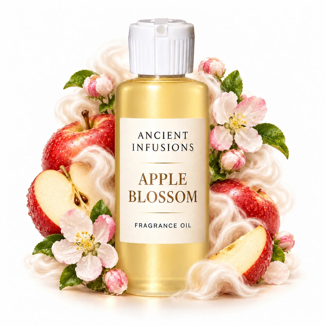 Apple Blossom fragrance oil by Ancient Infusions, with pale yellow oil and a tight halo representing crisp apple, apple blossom, musk.