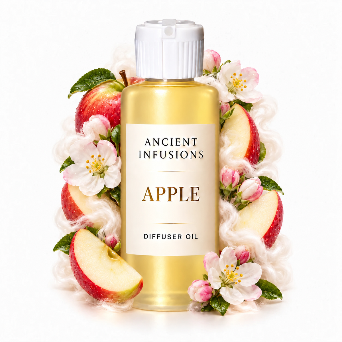Apple Diffuser Oil by Ancient Infusions with golden oil, white cap and matching scent artwork