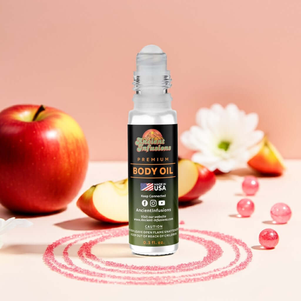 Apple Fantasy body oil bottle with apples and flowers on a pink background