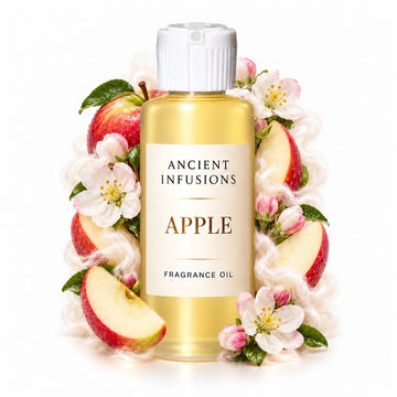 Apple fragrance oil by Ancient Infusions, with pale yellow oil and a tight halo representing fresh apple, apple blossom, soft musk.