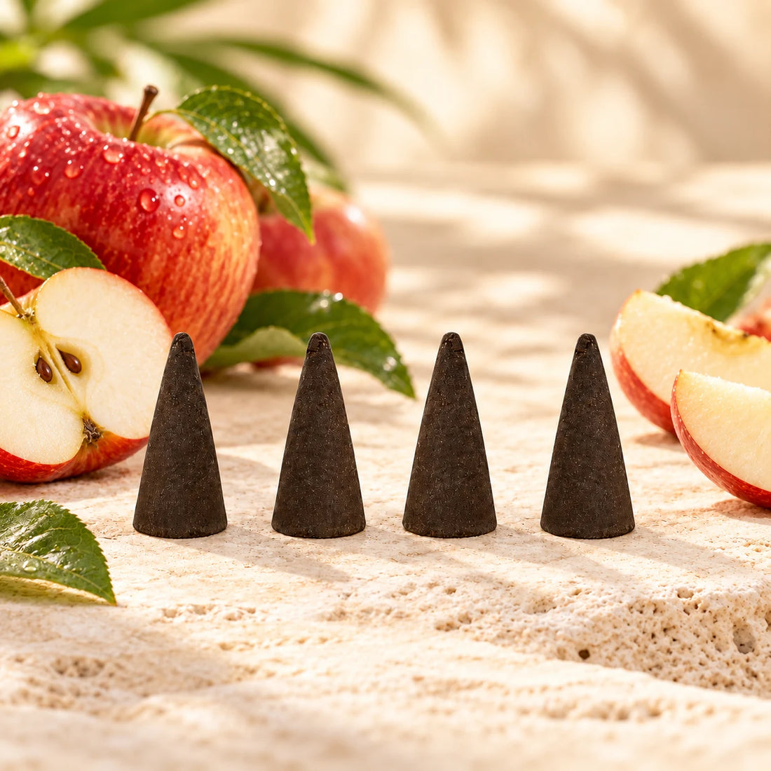 Apple incense cones surrounded by fresh apples.