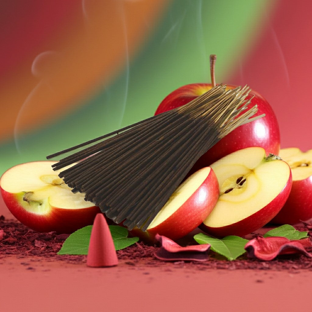 Apple Incense Sticks with a pink ribbon on sliced apples and dried flowers on a beige surface.