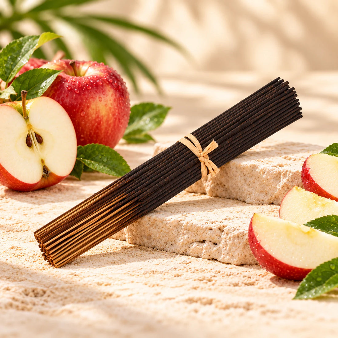 Apple incense sticks surrounded by fresh apples.