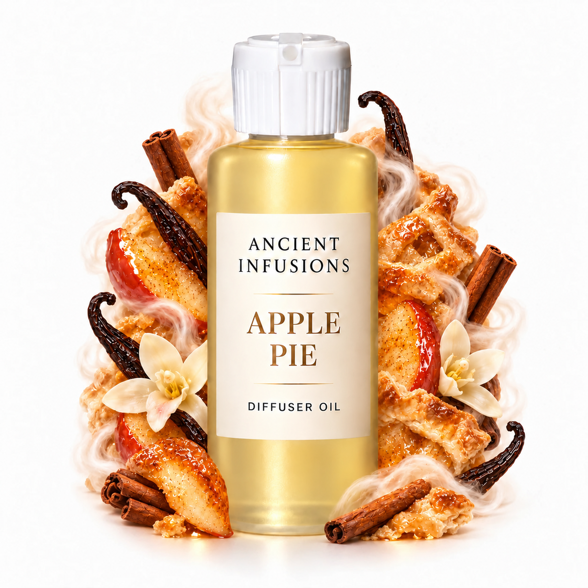 Apple Pie Diffuser Oil by Ancient Infusions with golden oil, white cap and matching scent artwork
