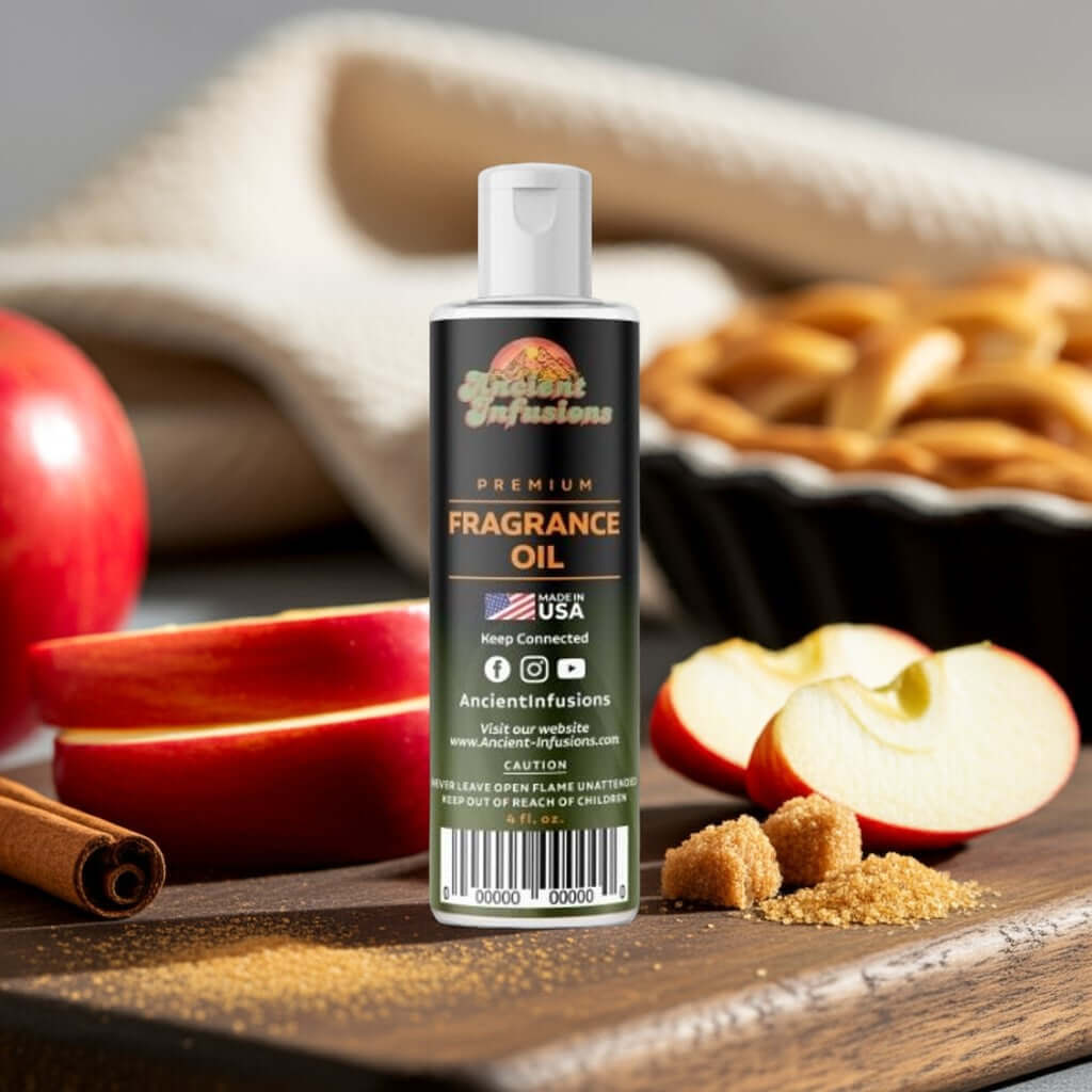 Bottle of Apple Pie Fragrance Oil on table with fresh apples and cinnamon sticks