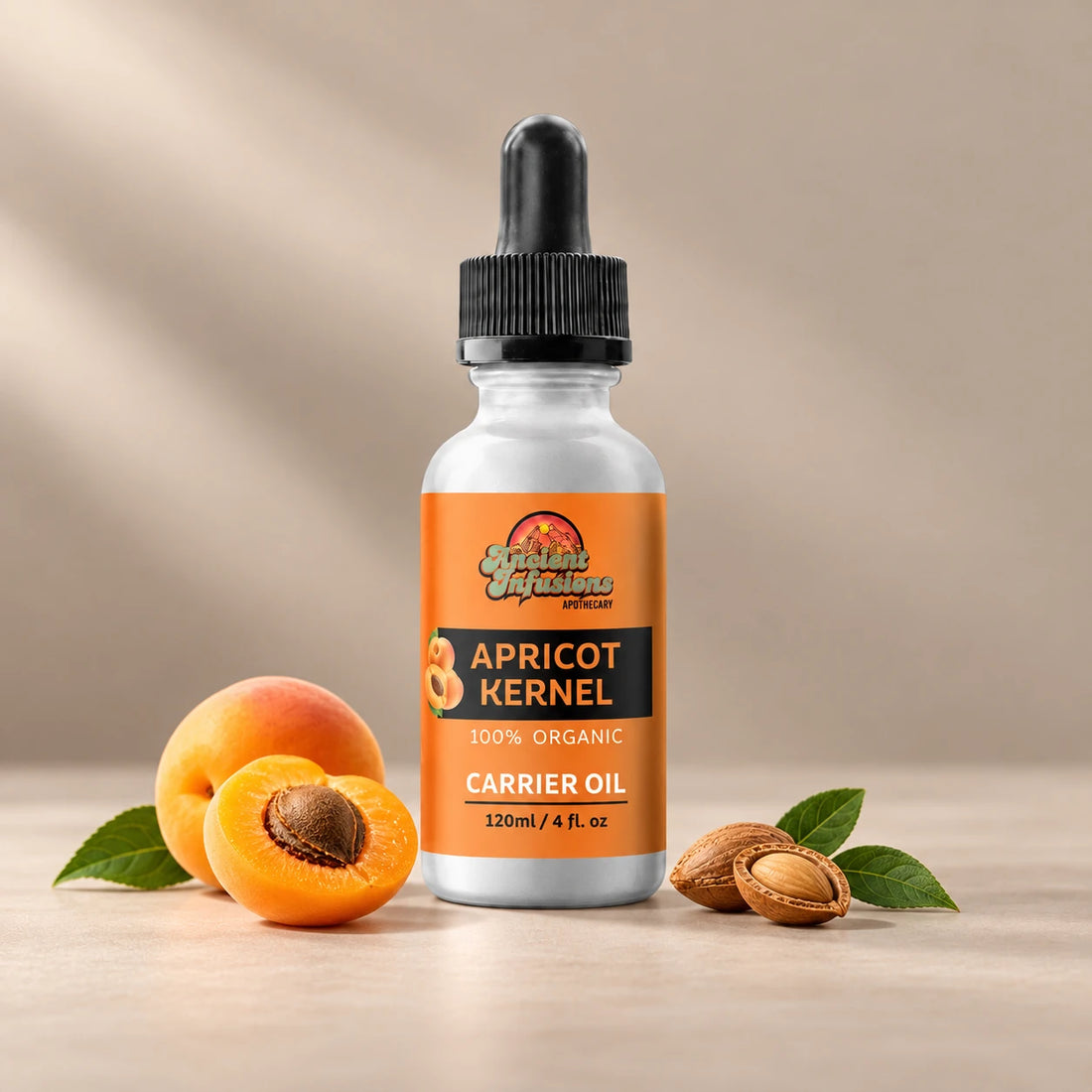 Ancient Infusions Apricot Kernel Carrier Oil silver bottle with black dropper on a warm stone background.