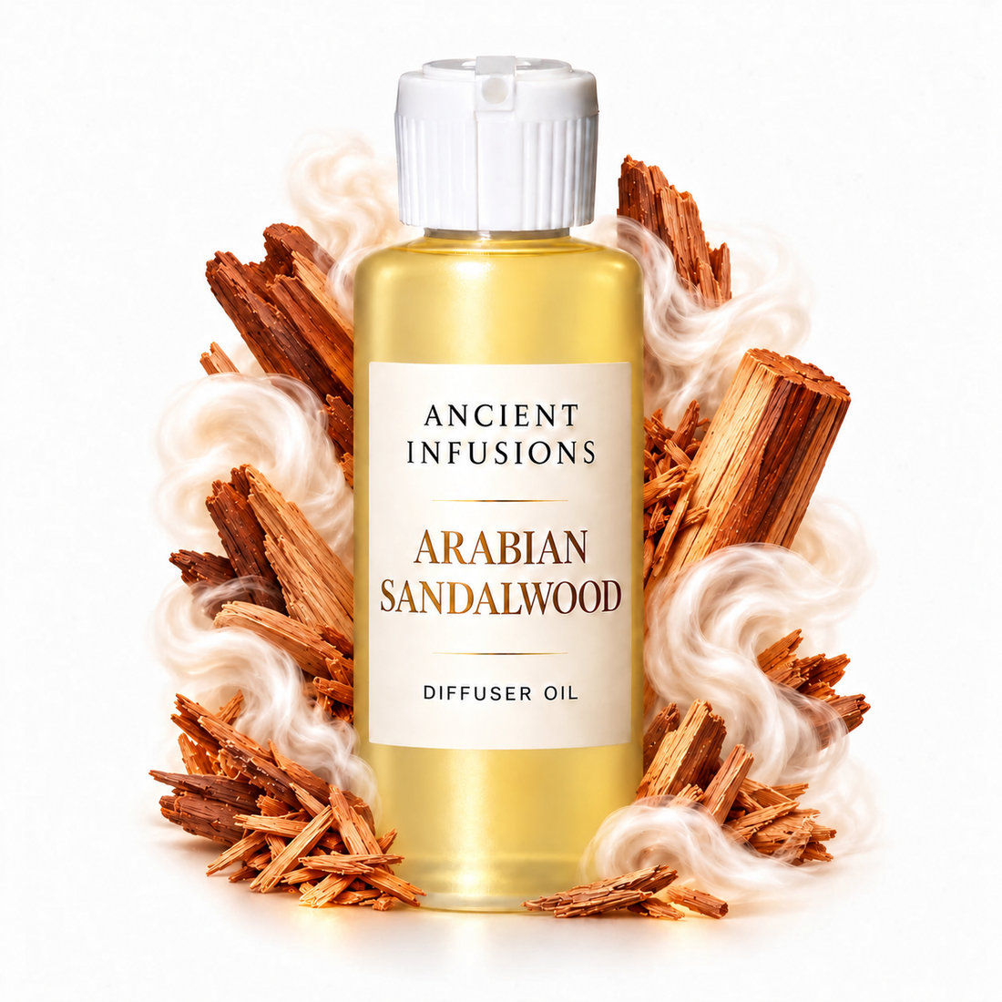 Arabian Sandalwood Diffuser Oil by Ancient Infusions with golden oil, white cap and sandalwood scent artwork