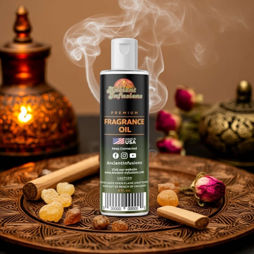 Bottle of Arabian Sandalwood Fragrance Oil surrounded by incense and flowers with a warm, aromatic setting.