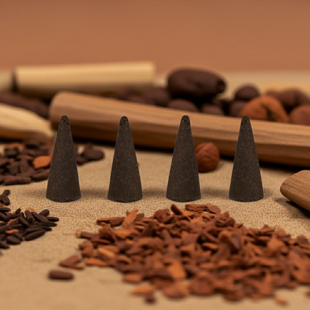 Arabian Sandalwood Incense Cones on a sandy surface with various natural items in the background.