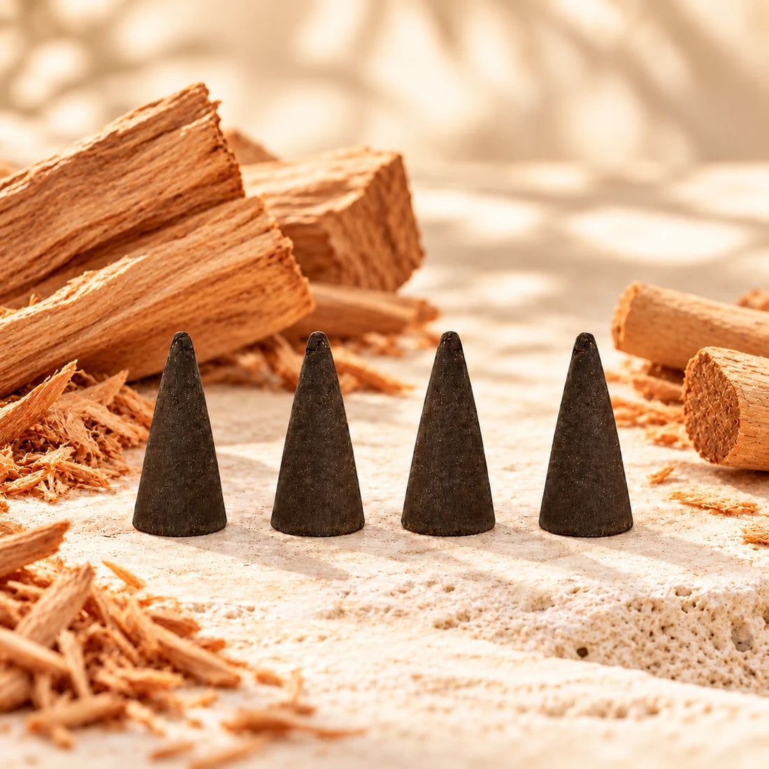 Arabian Sandalwood incense cones with sandalwood pieces and shavings.