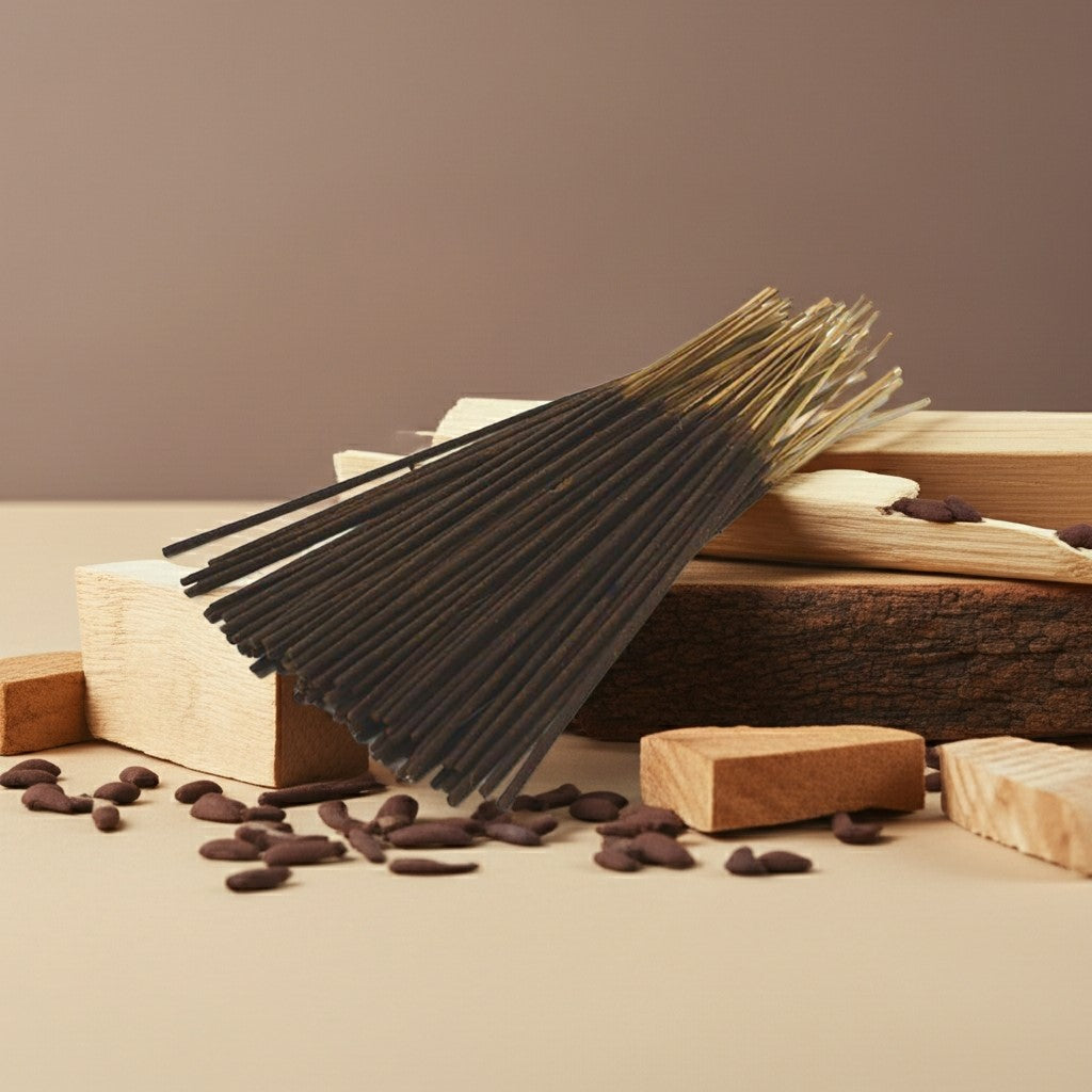 Arabian Sandalwood Incense Sticks with a wooden block and scattered incense particles on a neutral background