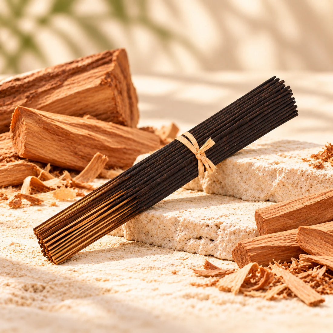 Arabian Sandalwood incense sticks with sandalwood pieces and shavings.