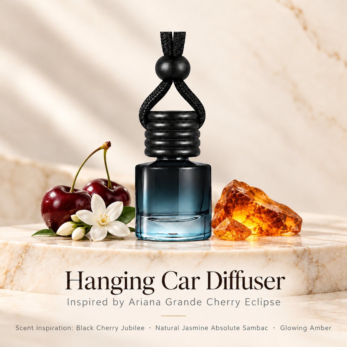 Hanging car diffuser inspired by Ariana Grande Cherry Eclipse, with scent illustrations on warm ivory stone