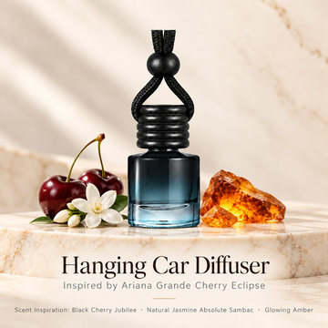 Hanging car diffuser inspired by Ariana Grande Cherry Eclipse, with scent illustrations on warm ivory stone