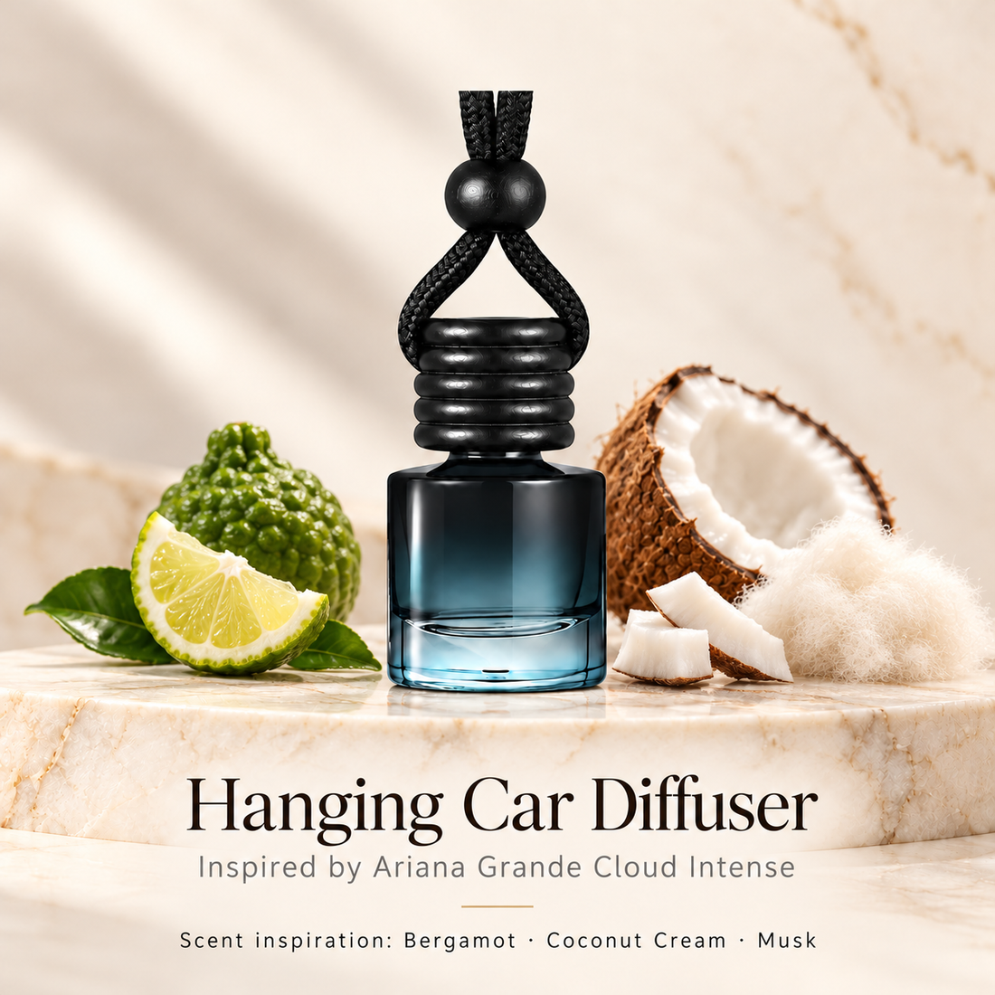 Hanging car diffuser inspired by Ariana Grande Cloud Intense, with scent illustrations on warm ivory stone