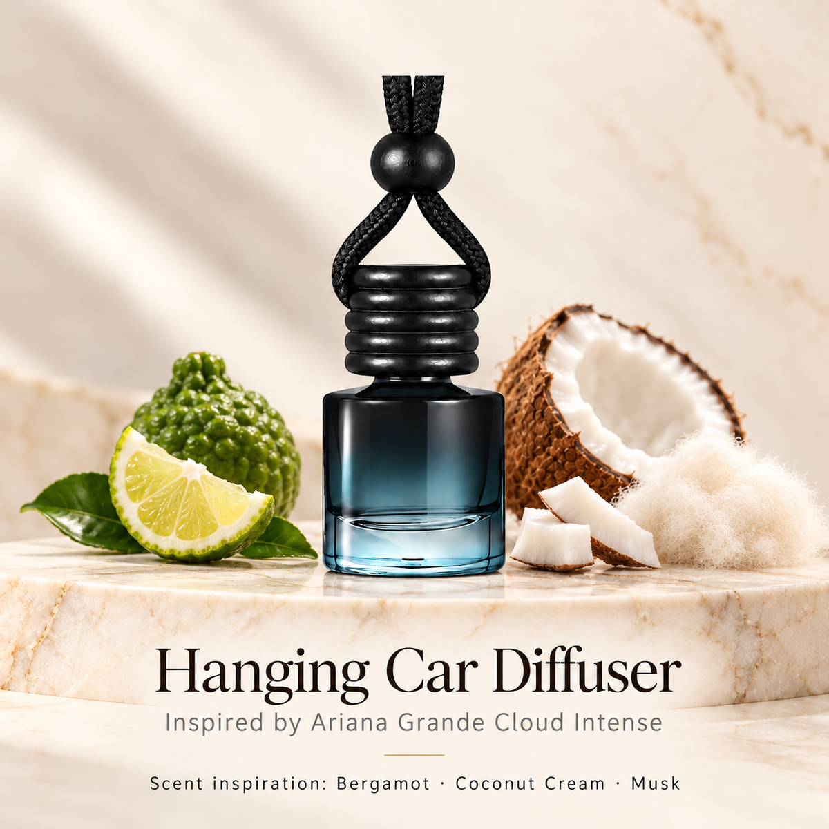 Hanging car diffuser inspired by Ariana Grande Cloud Intense, with scent illustrations on warm ivory stone