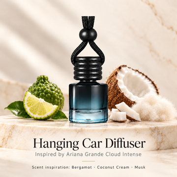Hanging car diffuser inspired by Ariana Grande Cloud Intense, with scent illustrations on warm ivory stone