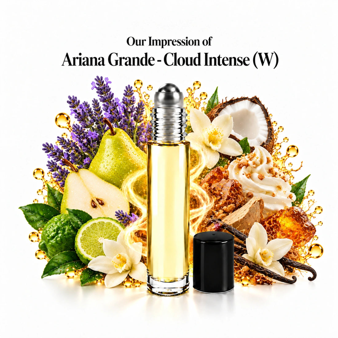 Our impression of Ariana Grande Cloud Intense perfume oil with lavender, pear, coconut, praline, vanilla orchid and woods on white