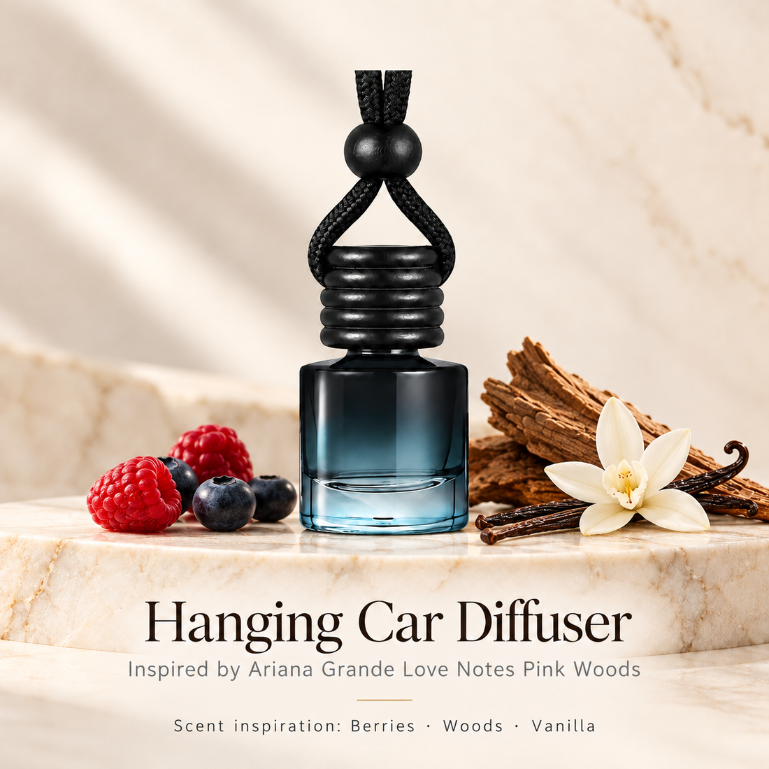 Hanging car diffuser inspired by Ariana Grande Love Notes Pink Woods, with scent illustrations on warm ivory stone