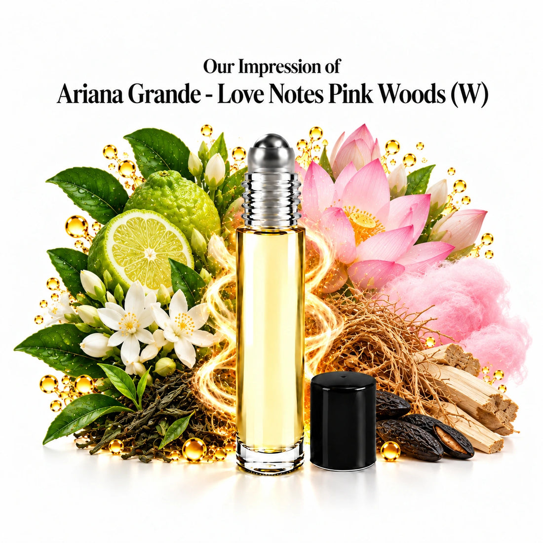 Our impression of Ariana Grande Love Notes Pink Woods perfume oil with bergamot, lotus, jasmine, tea leaves, vetiver, tonka and woods on white