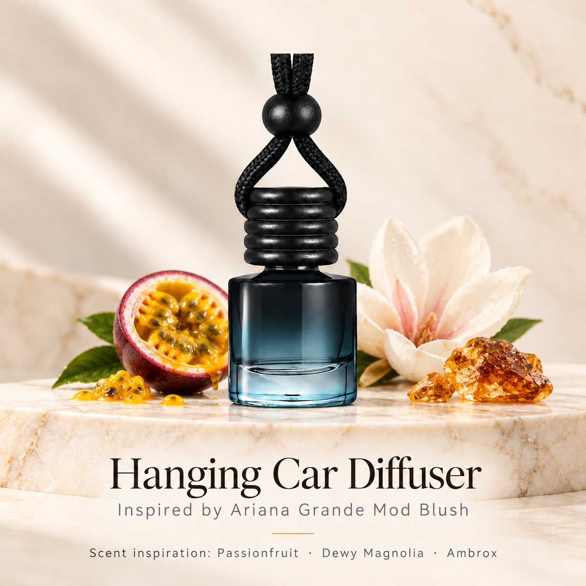 Hanging car diffuser inspired by Ariana Grande Mod Blush, with scent illustrations on warm ivory stone