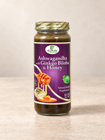 Ashwagandha & Ginkgo Biloba Honey 16 oz. product packaging on a warm ivory background