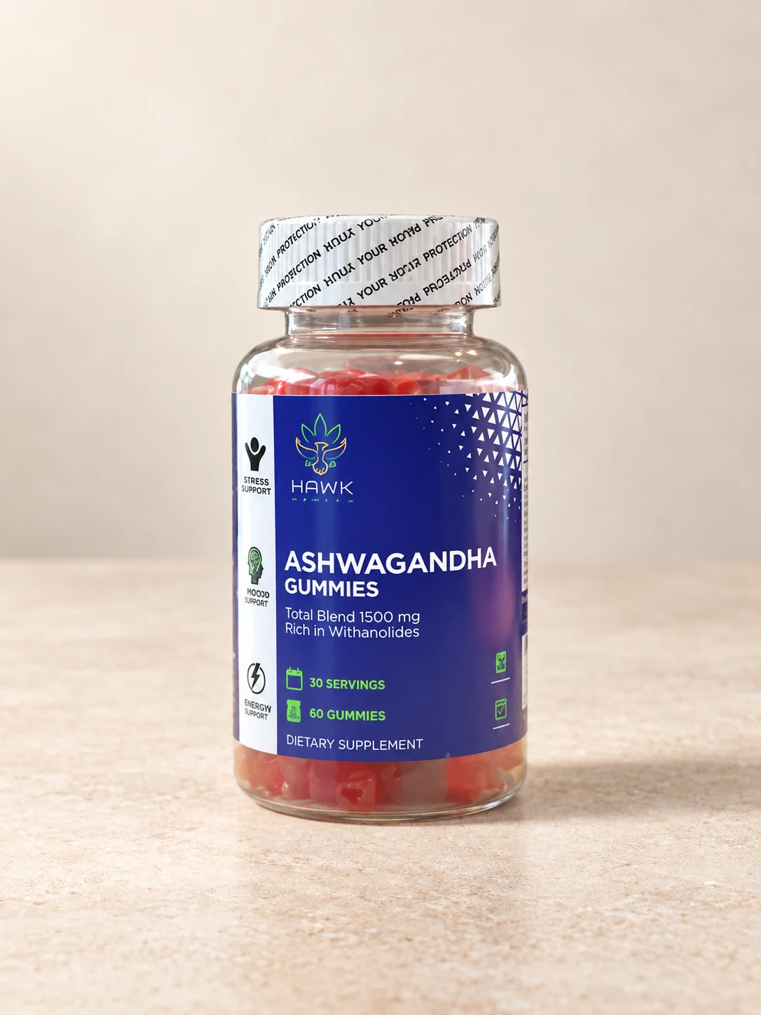 Ashwagandha Gummies 30 Day product packaging on a warm ivory background