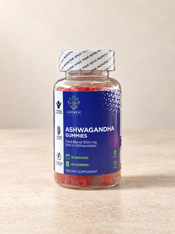Ashwagandha Gummies 30 Day product packaging on a warm ivory background