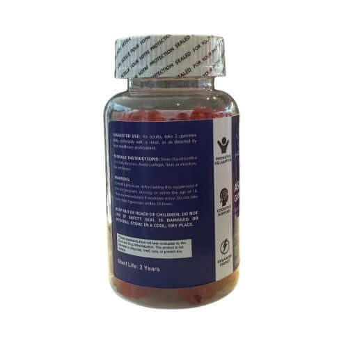 Ashwagandha Gummies Herbal Supplement bottle back view with label details