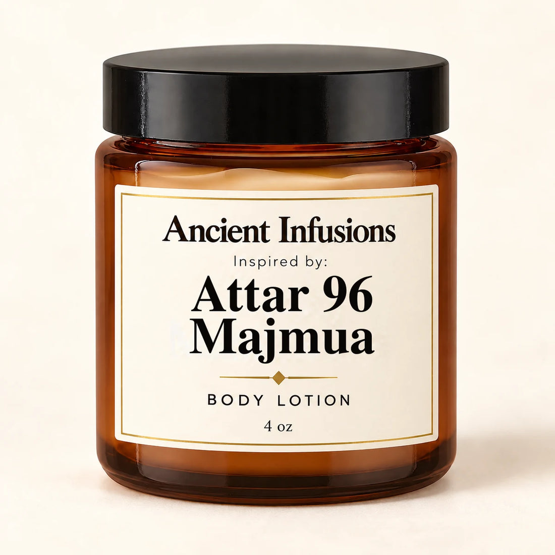 Attar 96 Majmua Inspired Body Lotion by Ancient Infusions — 4 oz amber glass jar