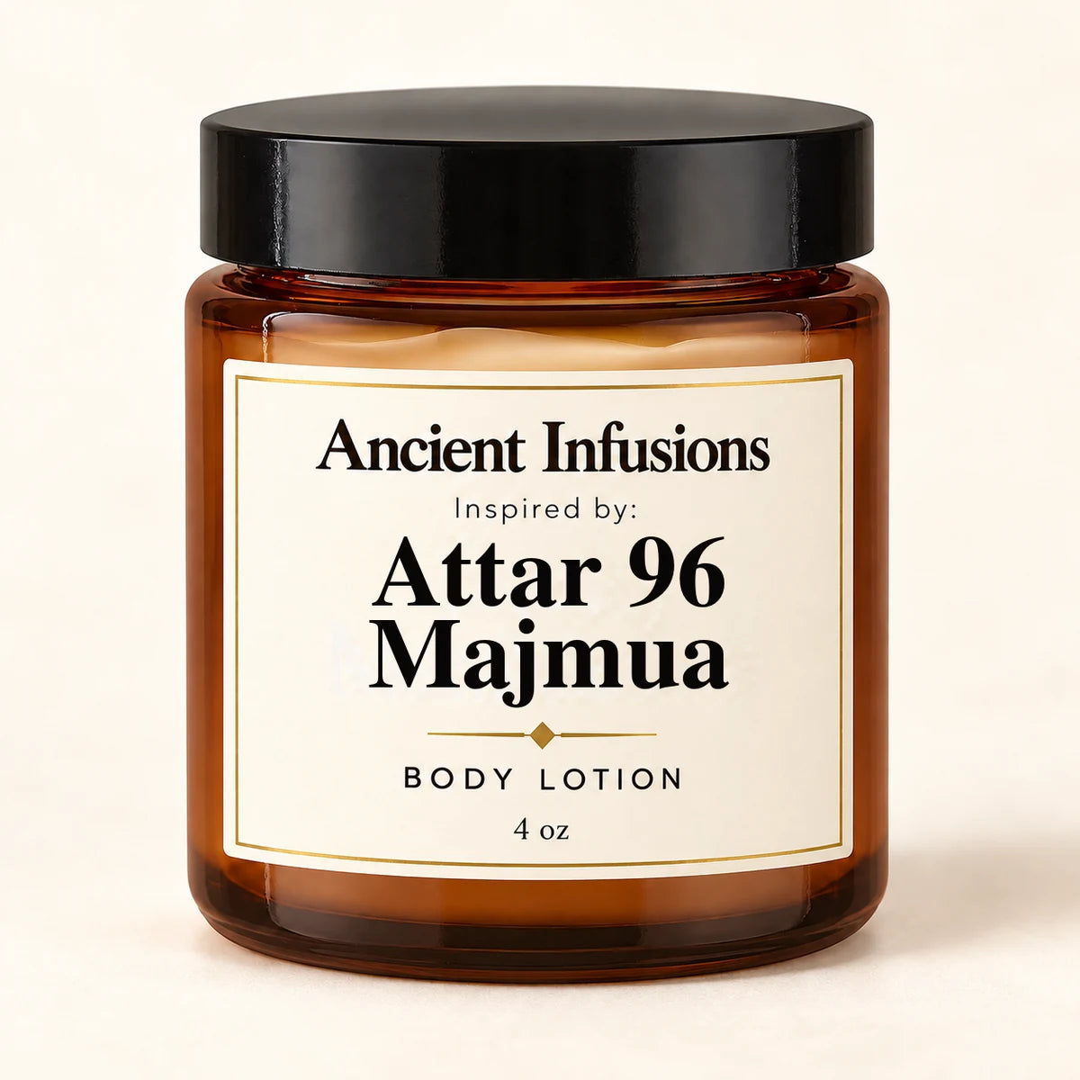 Attar 96 Majmua Inspired Body Lotion by Ancient Infusions — 4 oz amber glass jar