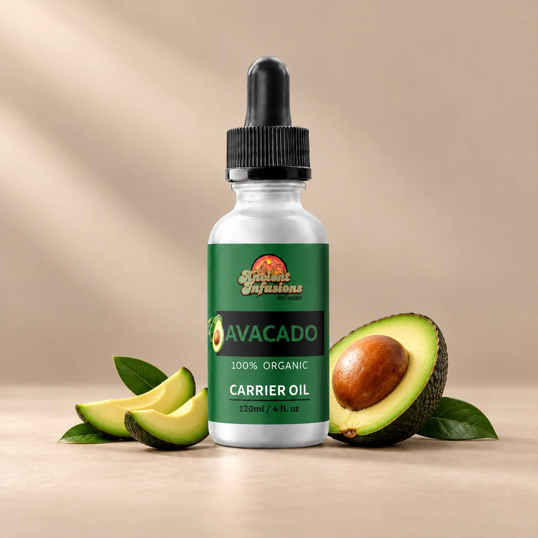 Ancient Infusions Avocado Carrier Oil silver bottle with black dropper on a warm stone background.