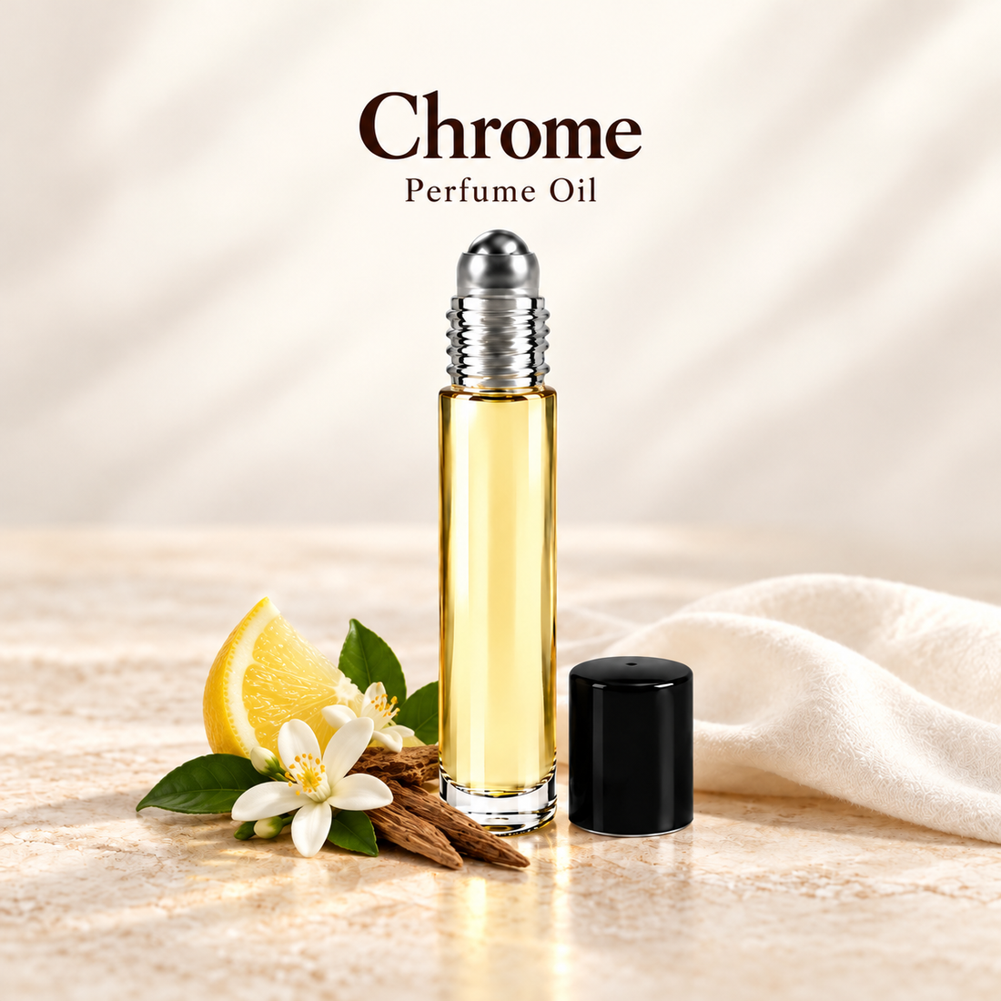 Azzaro Chrome Perfume Oil with simple scent note accents on soft ivory