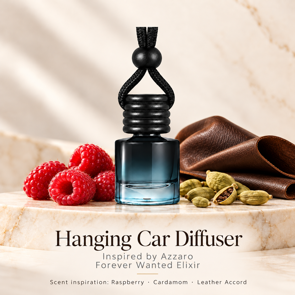 Hanging car diffuser inspired by Azzaro Forever Wanted Elixir on ivory stone