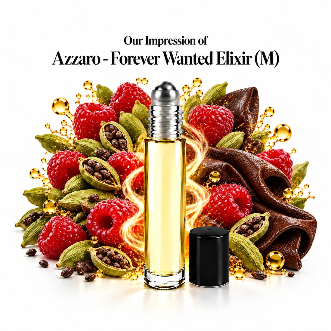 Our impression of Azzaro Forever Wanted Elixir perfume oil with raspberry, cardamom and leather fragrance accord on white