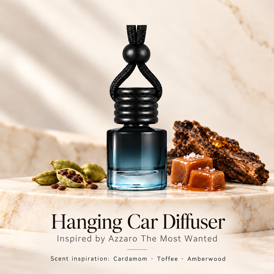 Hanging car diffuser inspired by Azzaro The Most Wanted, with scent illustrations on warm ivory stone