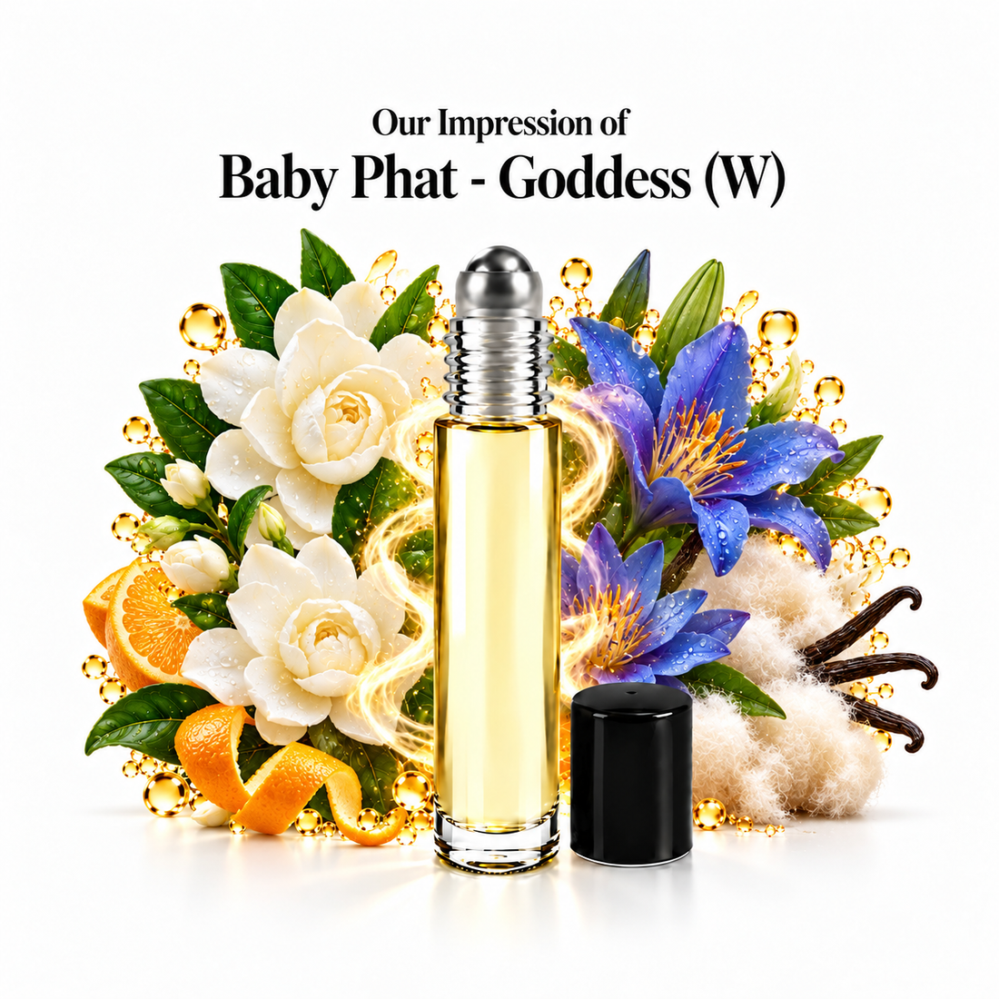 Baby Phat - Goddess Perfume Oil roll-on with fragrance notes on white